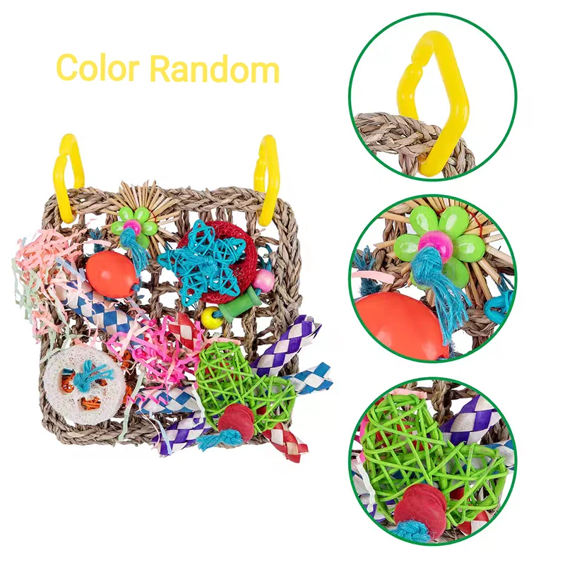 Parrot Bird Toys Foraging Wall Edible Seagrass Woven Climbing net Mat with Colorful Chewing Toys for Parakeet Bird Hanging Cage