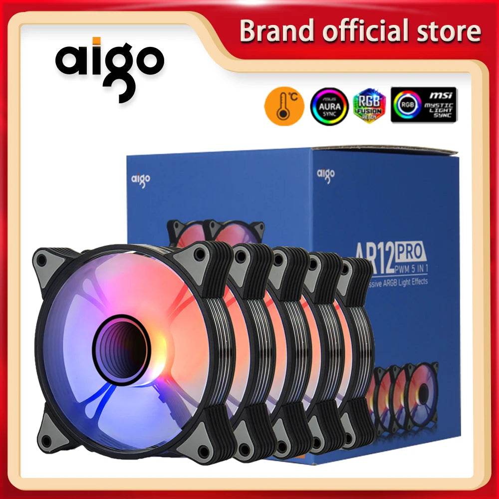 Ventilador de caja de computadora Aigo AR12PRO, ventilador de PC de 120 mm, ventilador RGB de 4 pines, ventilador de enfriamiento de CPU PWM de 3 pines y 5 V, espacio ilimitado, ventilador argb de 12 cm