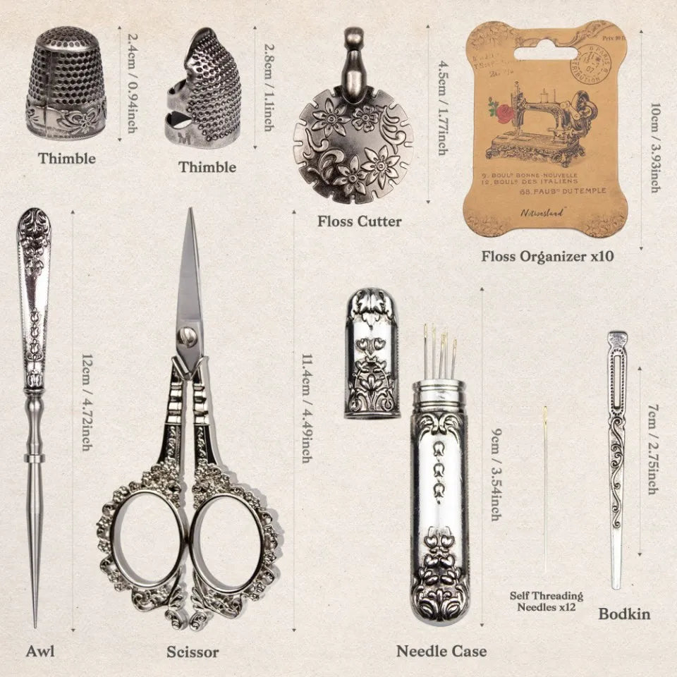 Vintage Sewing Kit Complete European Style Antique Embroidery Scissors Set with Needles and Craft Supplies for DIY Projects