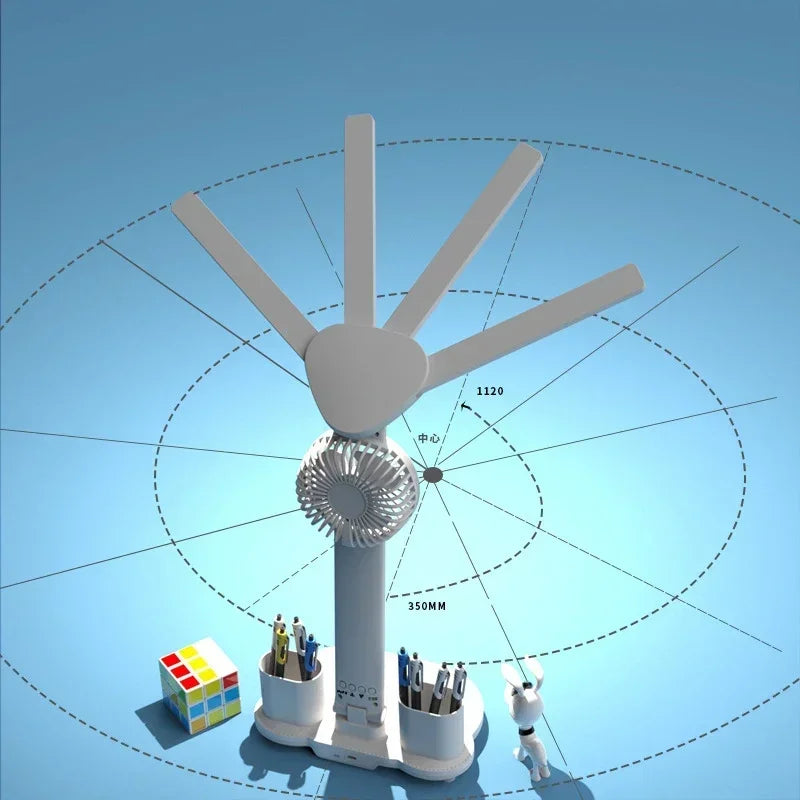 Multifunctional 3 Color LED Desk Lamp with Clock Fan and USB Charging Four Headed Folding Design