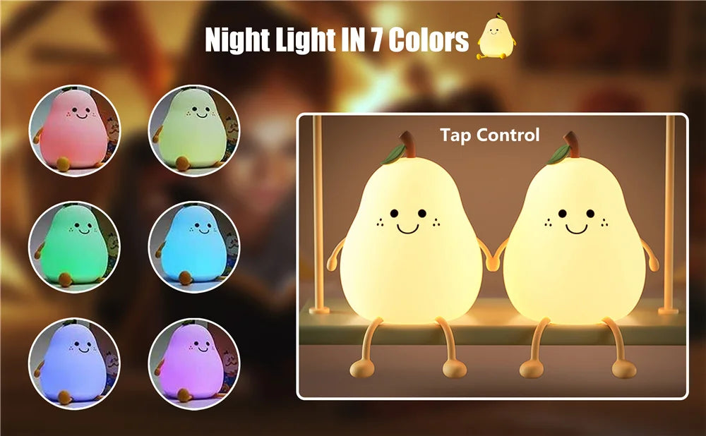 Pear Shaped Silicone Night Light for Kids Dimmable 7 Colors USB Rechargeable Cute Bedroom Lamp