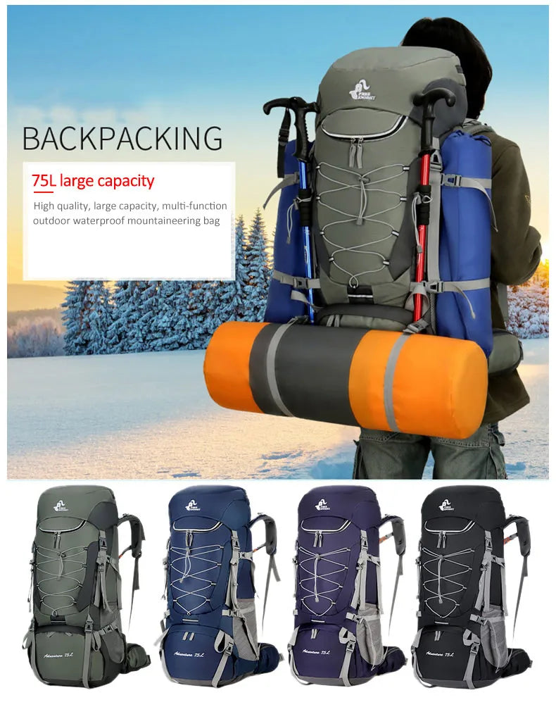 75L Camping Backpack Travel Sport Bag With Rain Cover Men
