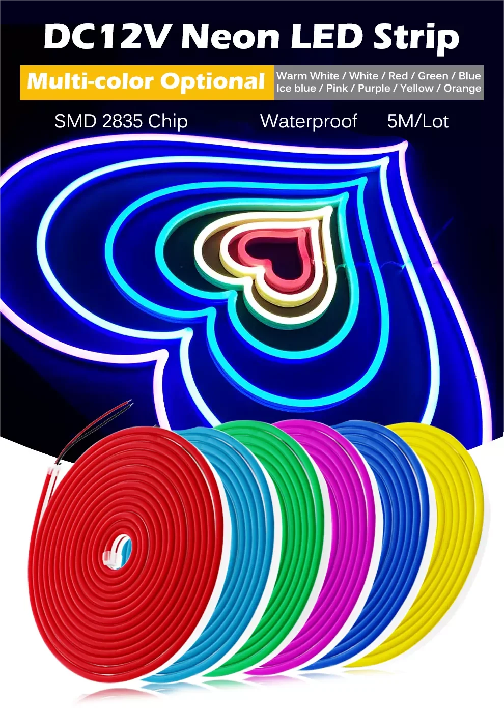 Neon LED Strip Light 5M 600 LEDs Waterproof Flexible Silicone Lamp