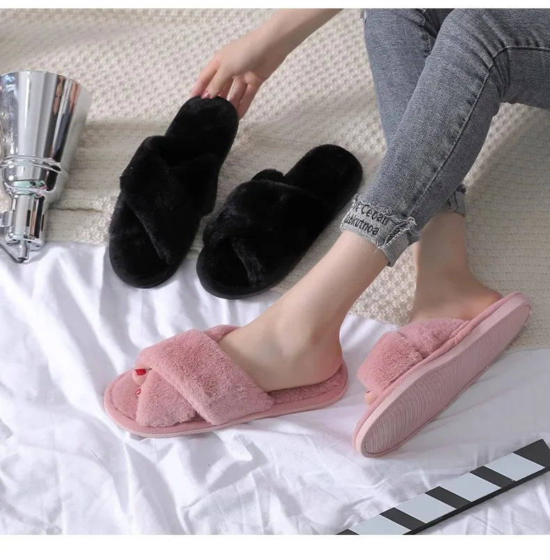 Winter Cross Imitation Rabbit Fur Slippers for Women