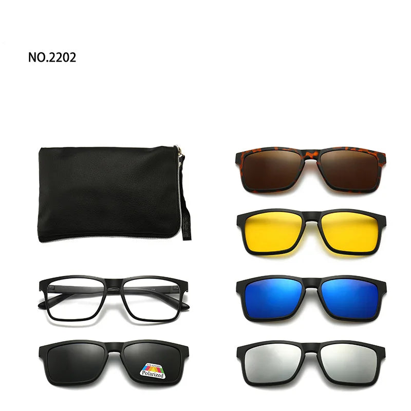 6 In 1 Spectacle Frame Men Women with Clip On Polarized Sunglasses