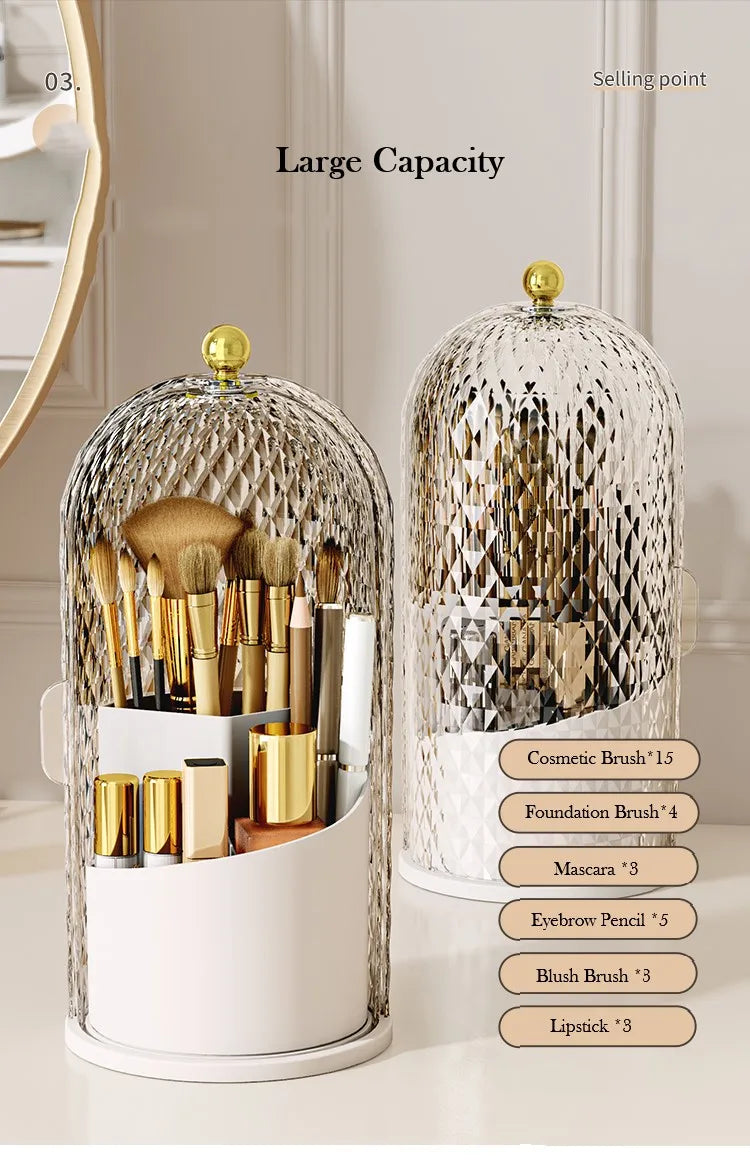 Makeup Brush Holder with Lid Diamond Birdcage 360 Rotating Organizer