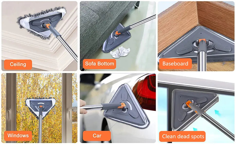 360 Degree Rotating Triangle Microfiber Wall Mop with Long Handle Adjustable Dry and Wet Cleaning Mop for Efficient Floor Dusting