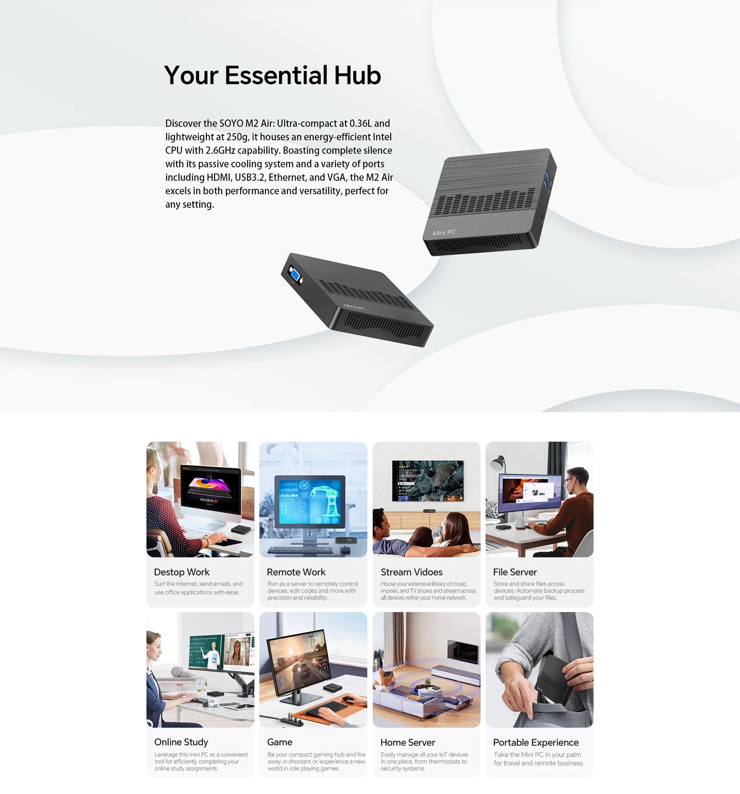 SOYO M2 Air Mini PC: 6GB RAM, 128GB EMMC, Intel N4000, Windows 11 Pro - Compact for Home, Business & Gaming