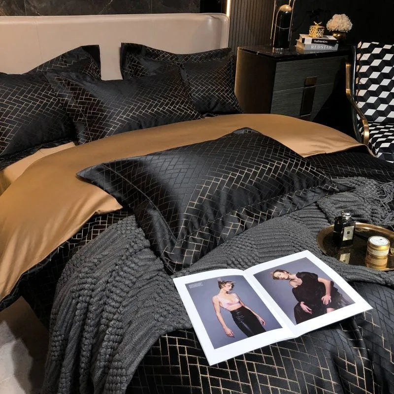 4/6Pcs Luxury Black Gold Jacquard Egyptian Cotton Duvet Set