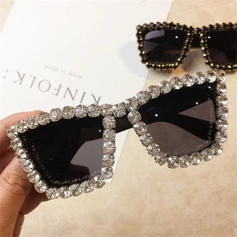 Oversized Rhinestone Frame Square Sunglasses UV400 Shades for Women