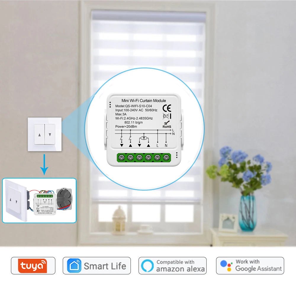 Módulo de interruptor de cortina inteligente Tuya WiFi Zigbee que conecta persianas enrollables con motor eléctrico y funciona con Alexa, Google Home y Smart Life
