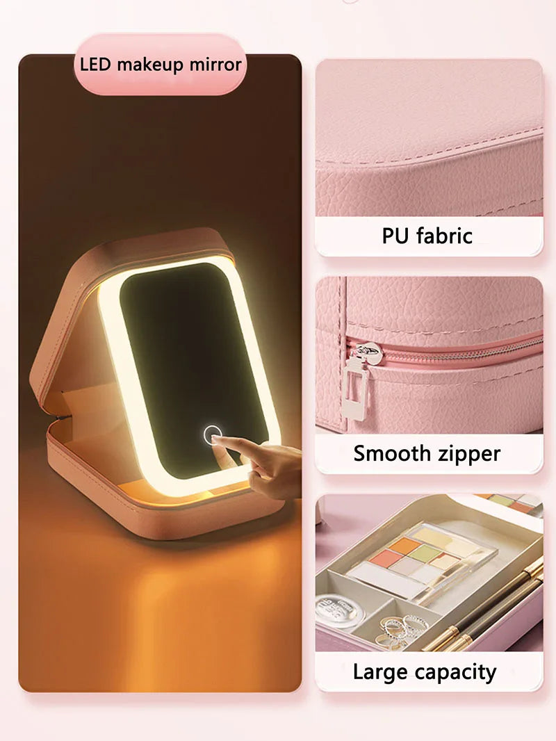 LED Makeup Bag With Mirror And Light Portable Cosmetic Storage For Women Small Lipstick And Brush Organizer