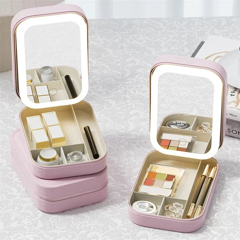 LED Mirror Makeup Storage Box Portable Travel Case with Large Capacity and Three-Level Lighting
