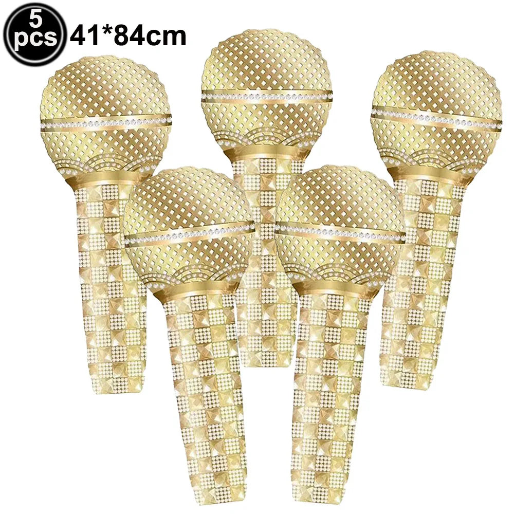 5 Piece PVC Musical Instrument Inflatable Balloon Set with Guitar and Microphone for Kids Birthday and Retro Party Decorations