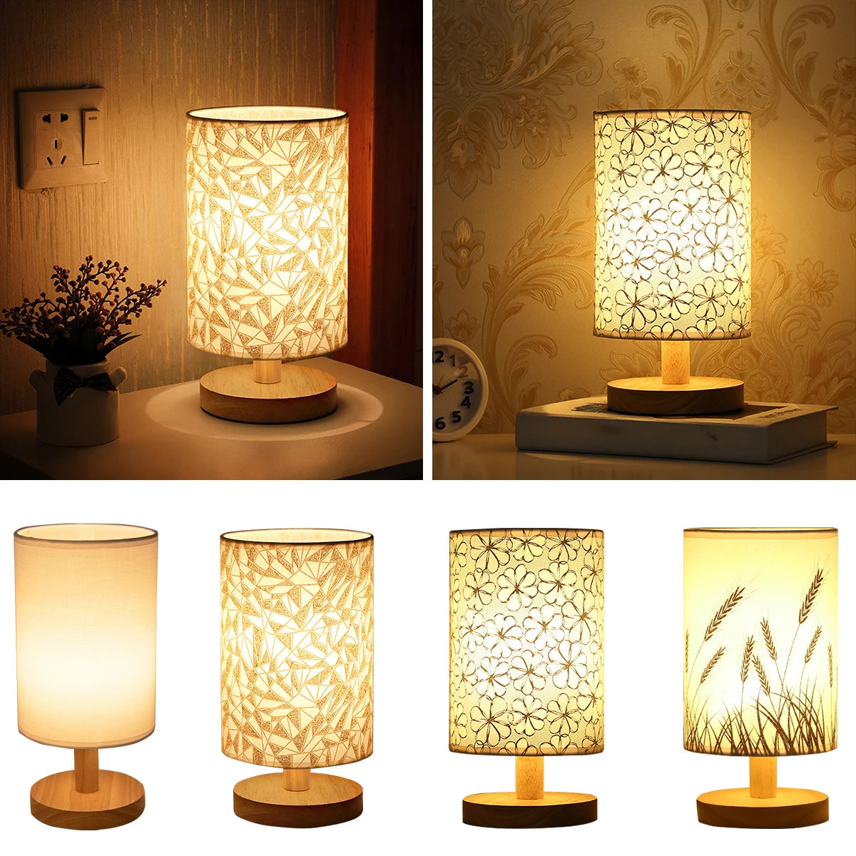 USB Wooden Bedside Lamp with Cylinder Shade Night Light for Bedroom Home Decor
