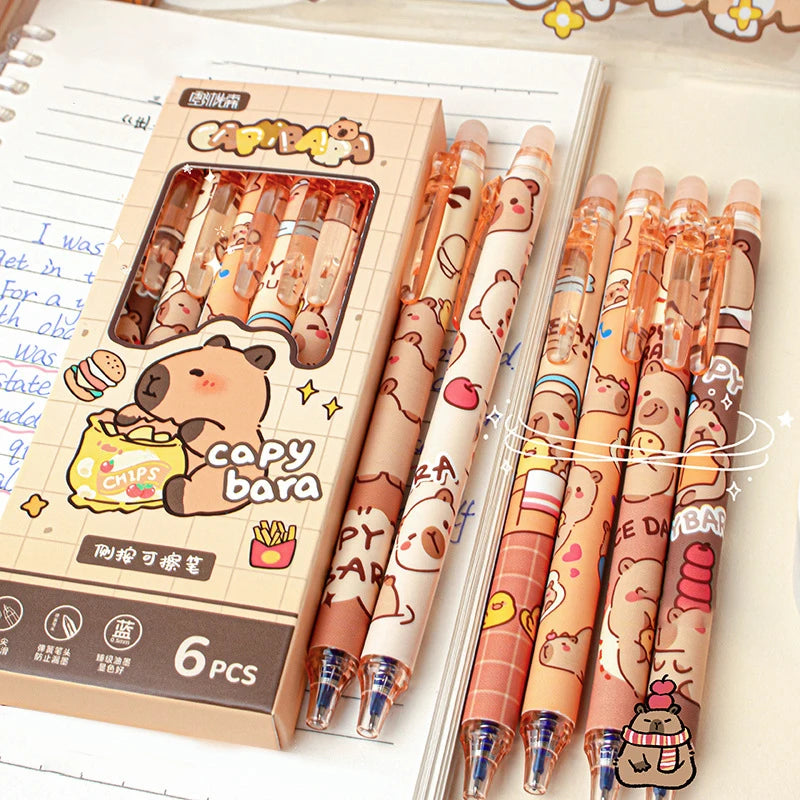 6Pcs Cute Capybara Erasable Pens Blue Ink Quick-Drying Stationery