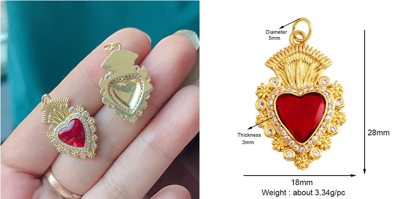 New Sacred Red Heart Charm Pendant 18K Gold Plated Zircon