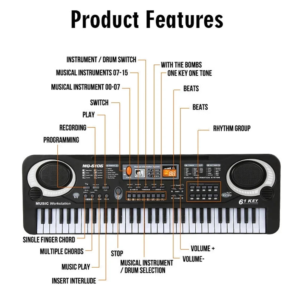 Chriyungel Kids Electronic Piano Keyboard with Microphone 61 Keys or 37 Keys Musical Instrument Toy for Beginner Children