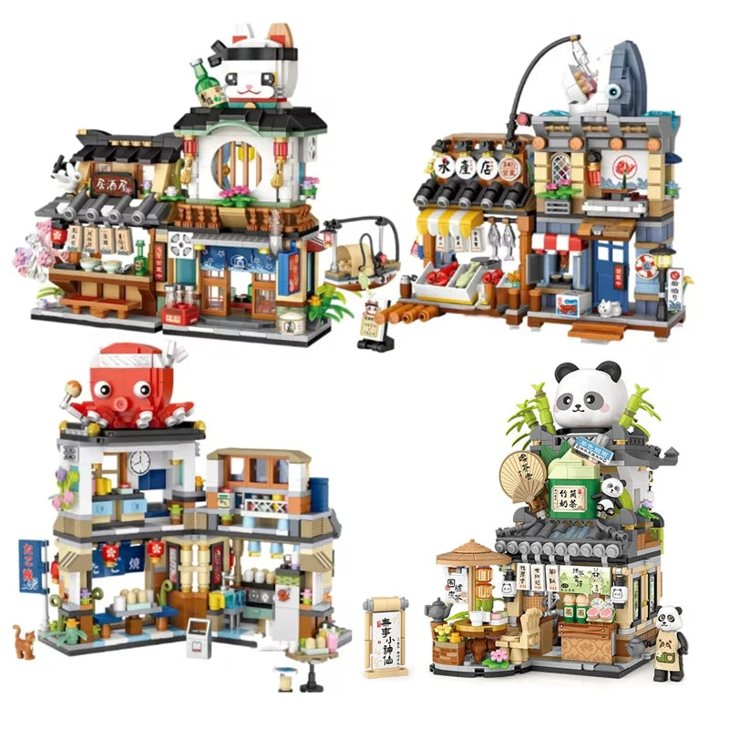 Street View Mini Building Blocks Gift Set – Izakaya Shaved Ice Shop, Takoyaki Shop, Coffee Shop and Panda Tea House