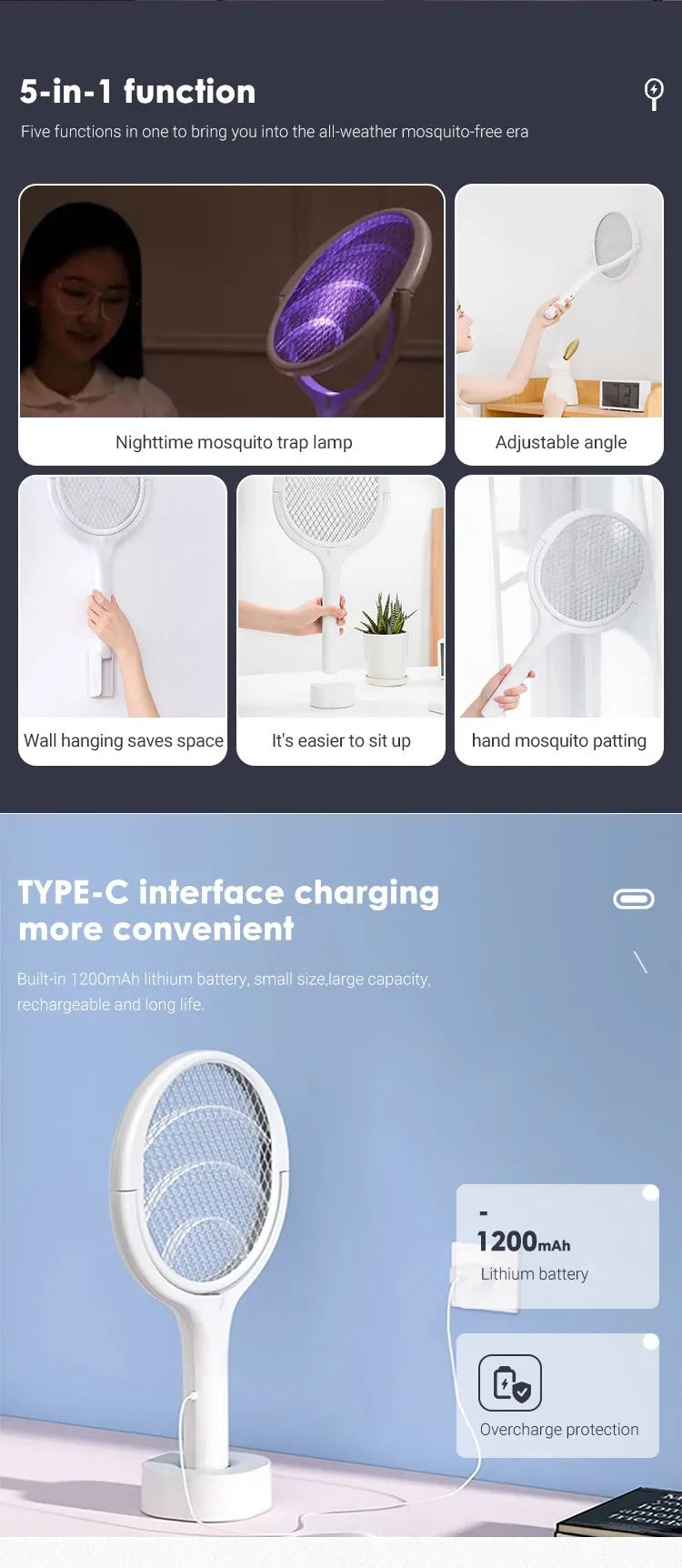 5 In 1 Fast Charging Electric Mosquito Swatter Lamp