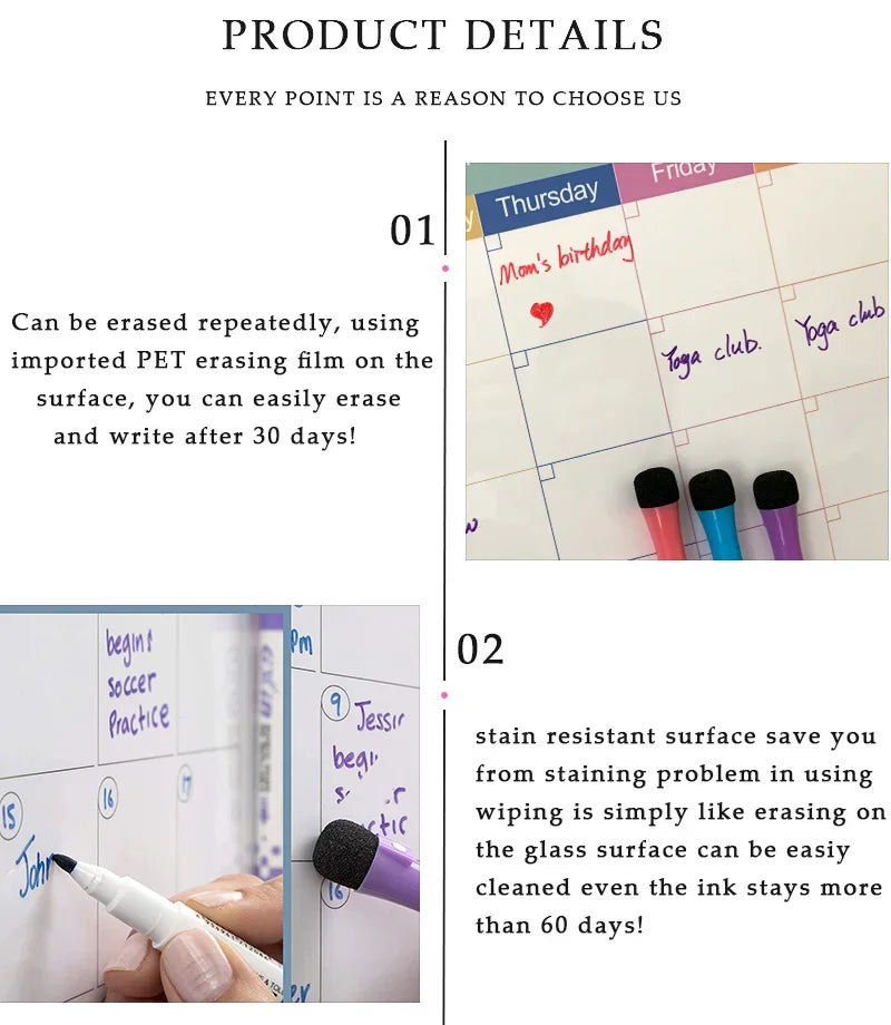 Magnetic Dry Erase Whiteboard Calendar Planner for Refrigerator with Markers and Eraser - Daily Weekly Monthly Organizer