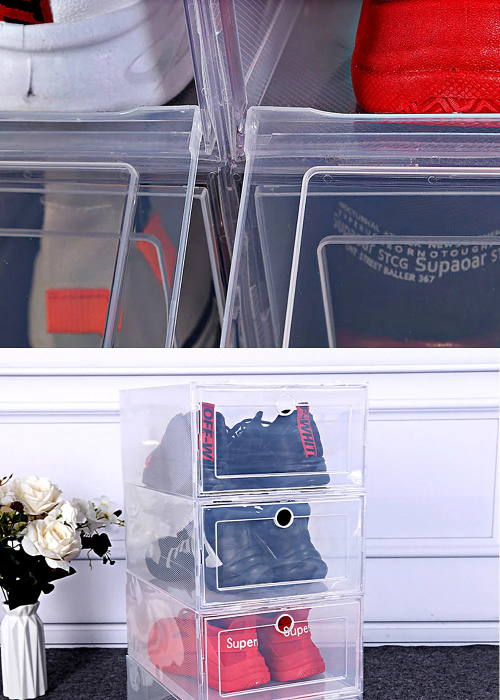 6 Pack Transparent Shoe Box Organizers Dustproof Stackable Storage