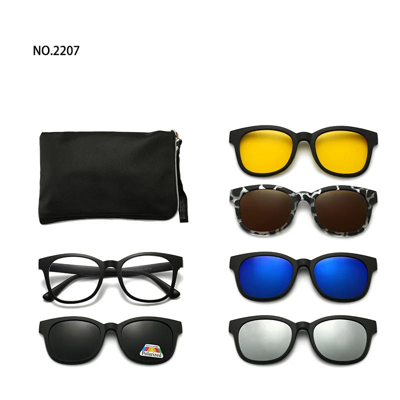 6 In 1 Spectacle Frame Men Women with Clip On Polarized Sunglasses