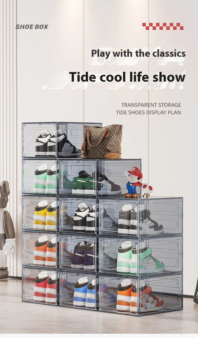 1/10pcs Clear Plastic Shoe Display Case and Hat Organizers with Magnetic Door Waterproof Storage Solution