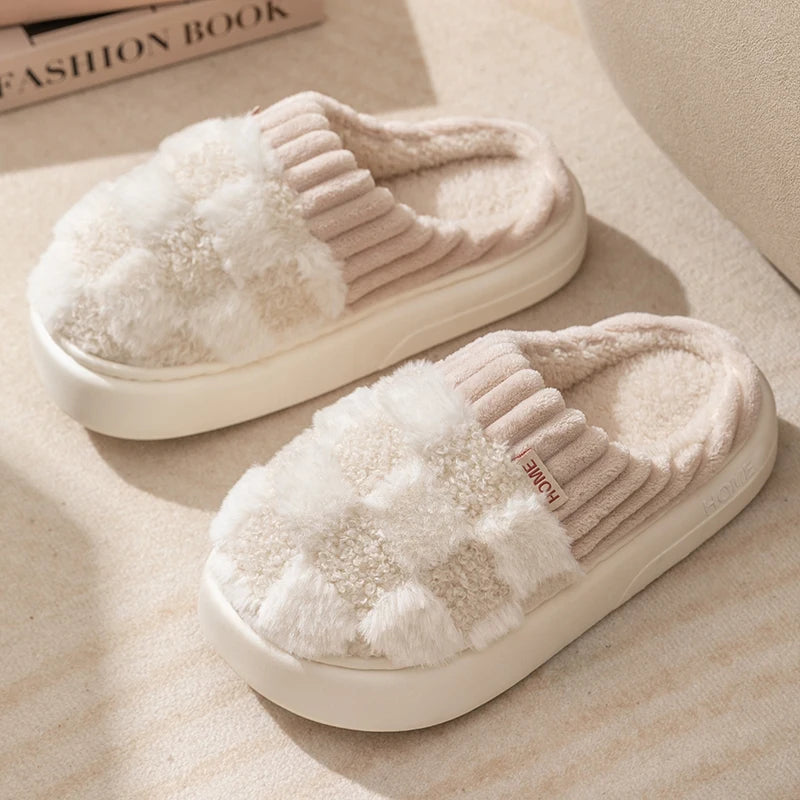 Fashion Couple Winter Toe Wrap Warm Plaid Cotton Slippers