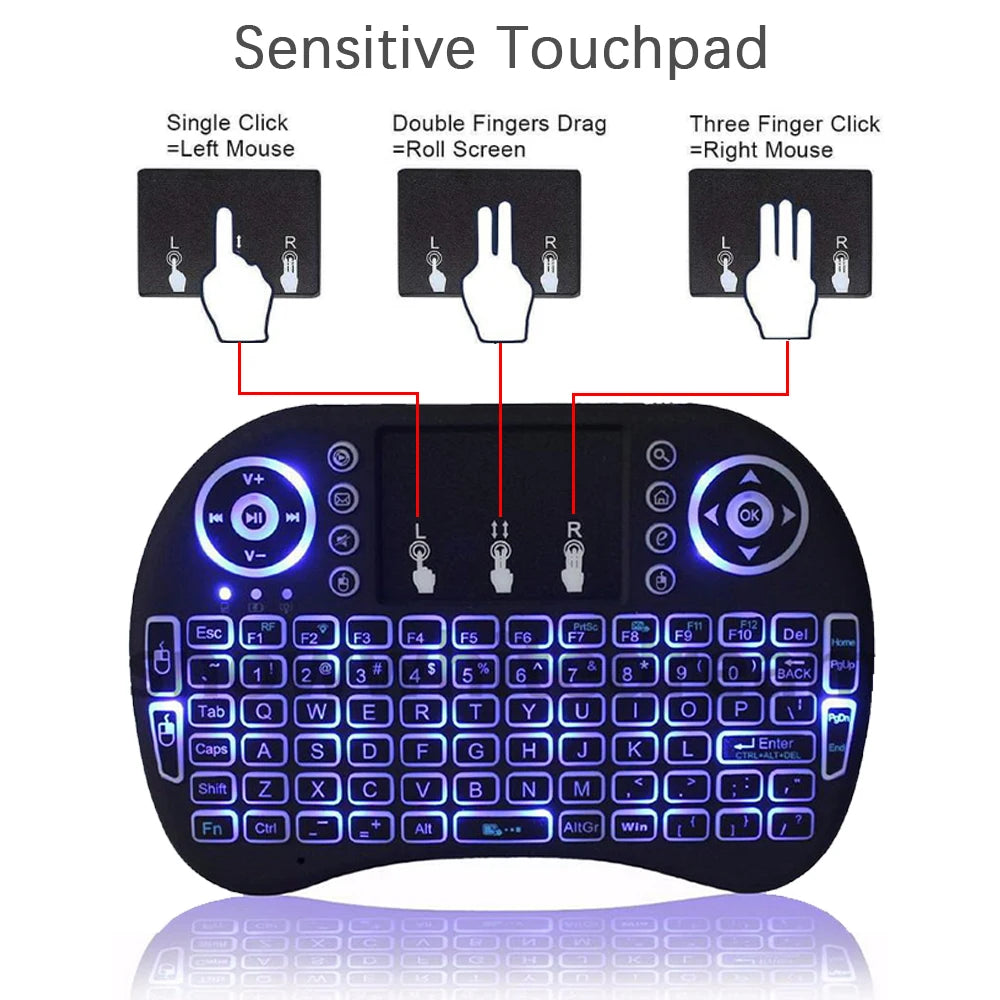 Miniteclado inalámbrico retroiluminado Air Mouse con panel táctil i8, 2,4 G, árabe, francés, español y ruso, para PC, Android TV Box