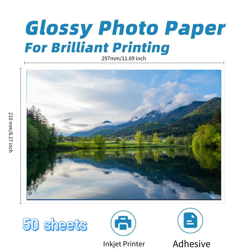 Adhesive Glossy Photo Paper A4 50 Sheets Waterproof Inkjet Printing Paper for DIY Stickers and Custom Labels