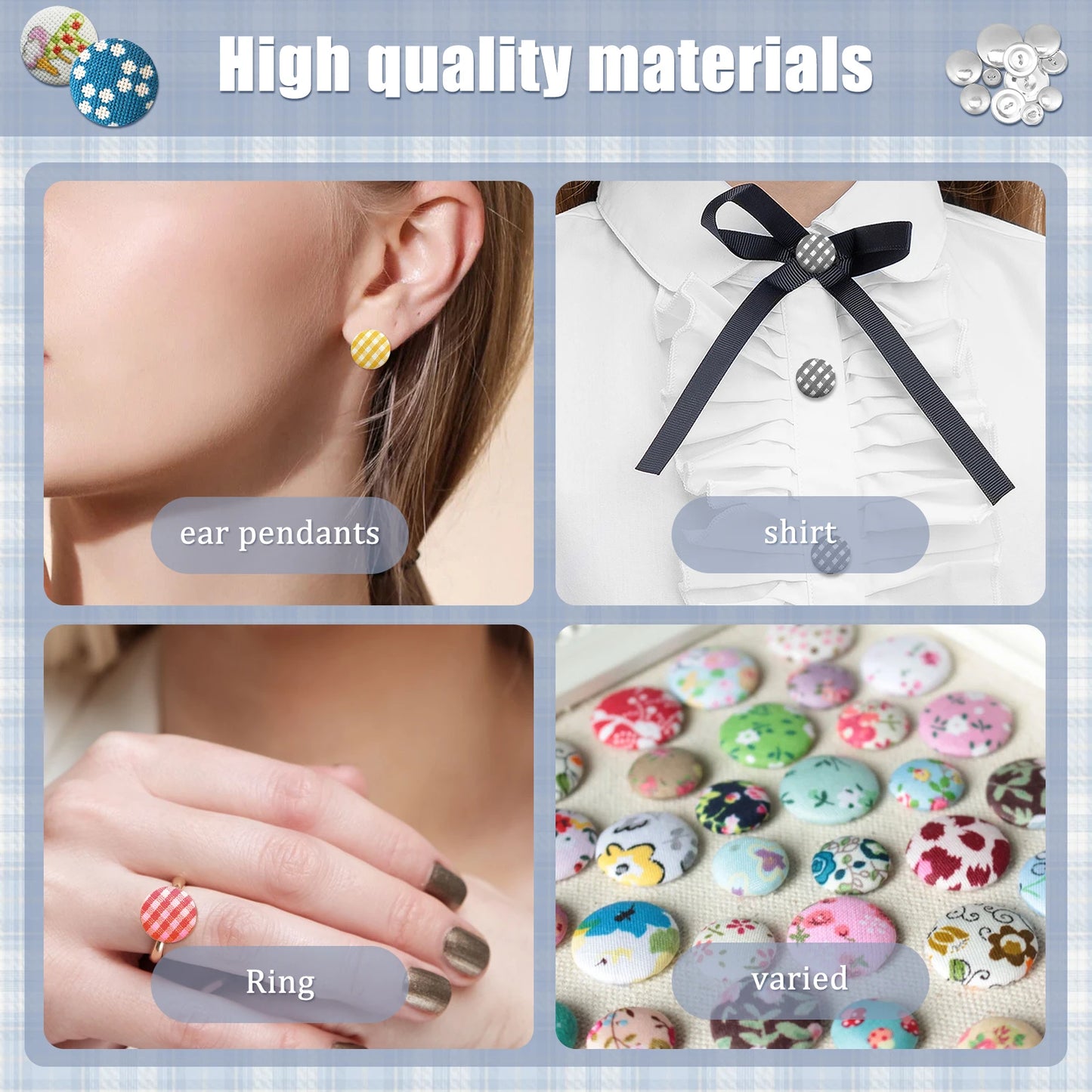 100 Piece Cover Button Kit with 5 Sizes and 5 in 1 Tool High Quality Aluminum Alloy for DIY Crafts and Custom Accessories