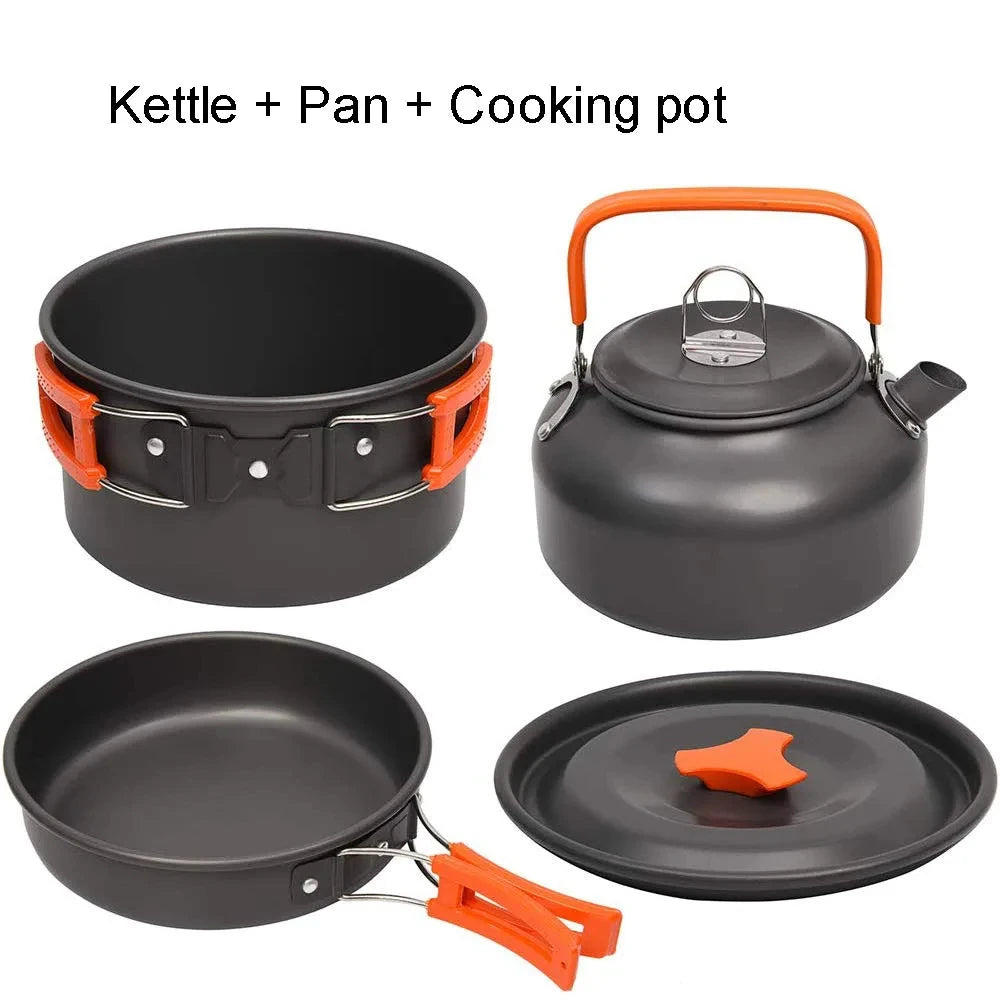 Camping Cookware Set for 2 to 3 People with Non-Stick Pots and Teapot Kit