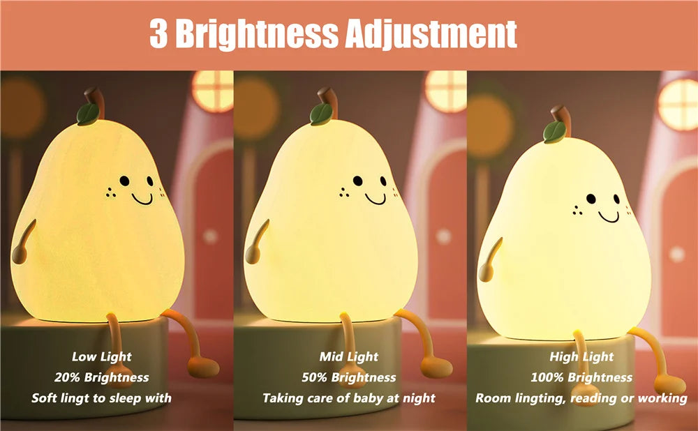 Pear Shaped Silicone Night Light for Kids Dimmable 7 Colors USB Rechargeable Cute Bedroom Lamp