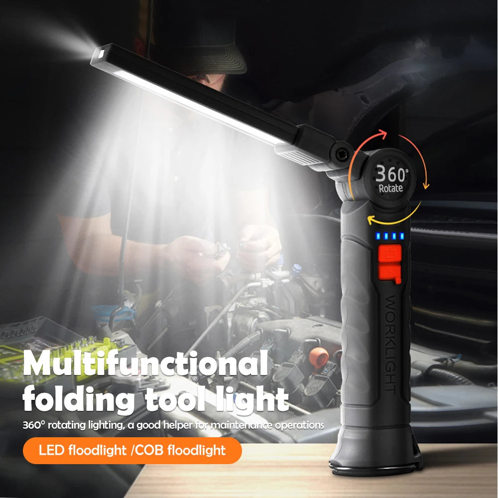 Rechargeable Work Lights LED Folding Flashlight Magnetic Base COB Light 360 Degree Rotate for Car Repair Home Garage Emergency Camping