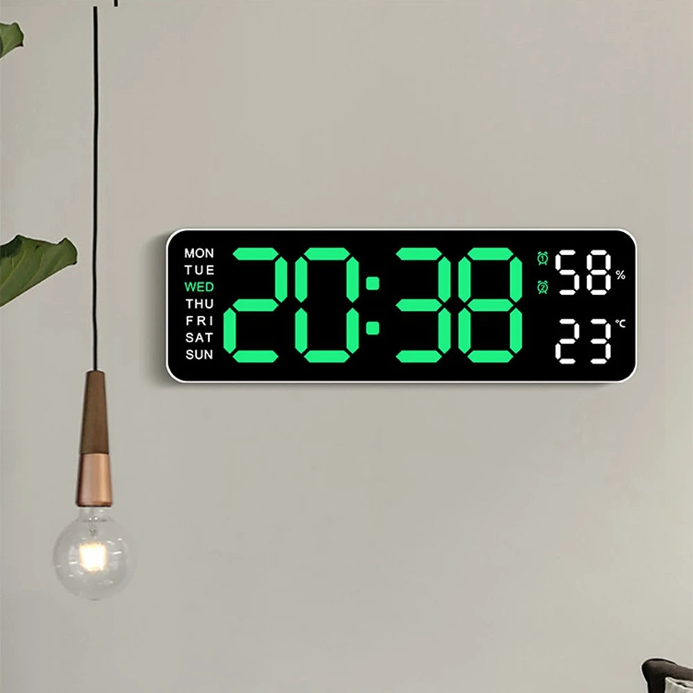 Large Digital Wall Clock with Temperature and Humidity Display Adjustable Brightness LED Alarm Clock 12/24 Hour Format