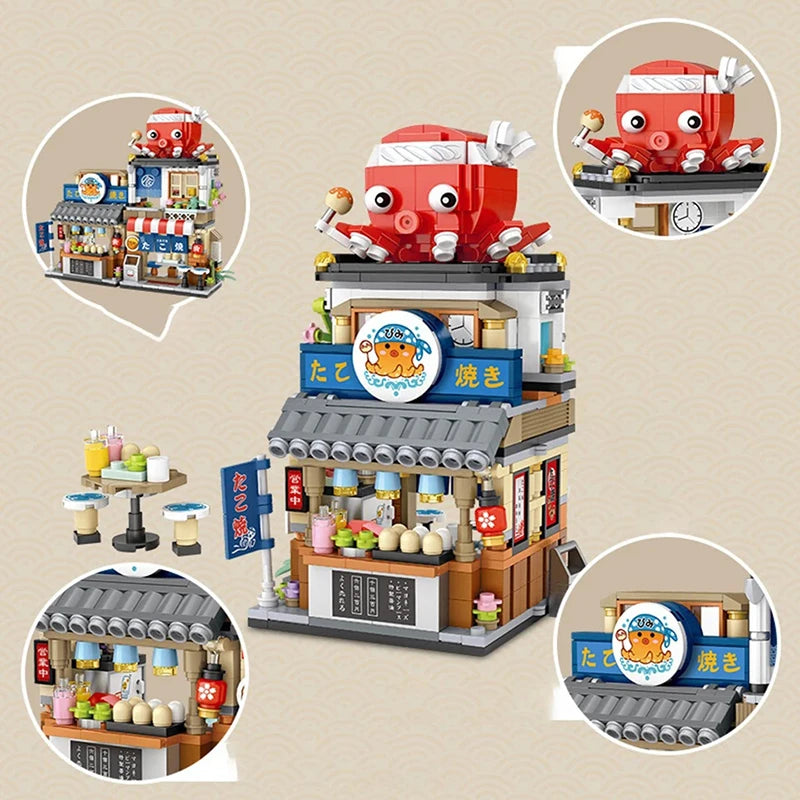 Street View Mini Building Blocks Gift Set – Izakaya Shaved Ice Shop, Takoyaki Shop, Coffee Shop and Panda Tea House