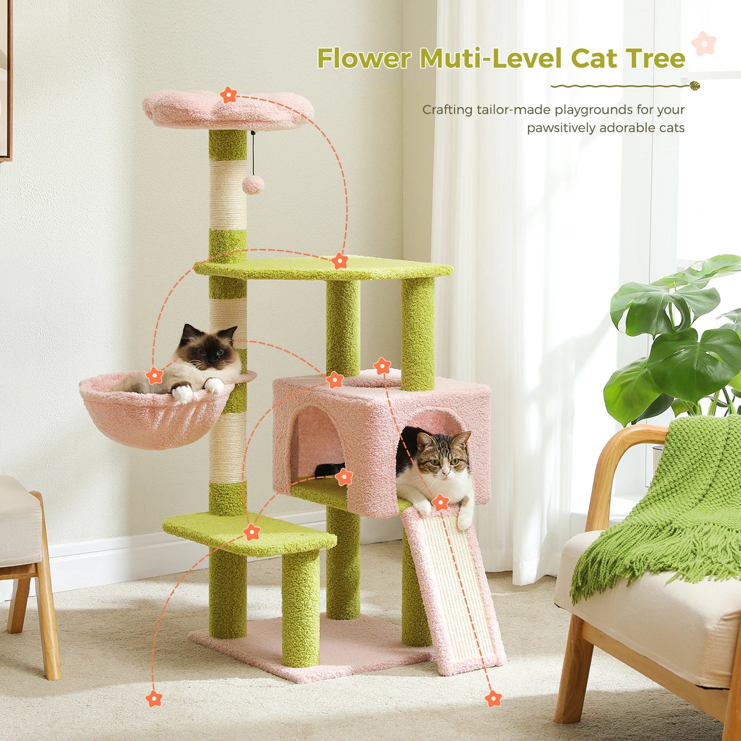 Flower Cat Tree Multi-Level Tower with Sisal Posts and Top Perch