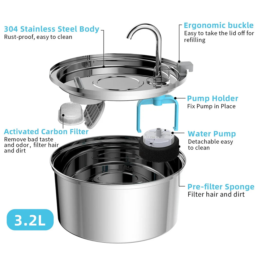 Stainless Steel Pet Water Feeder Cat Automatic Fountain USB Mute Filter Bowl