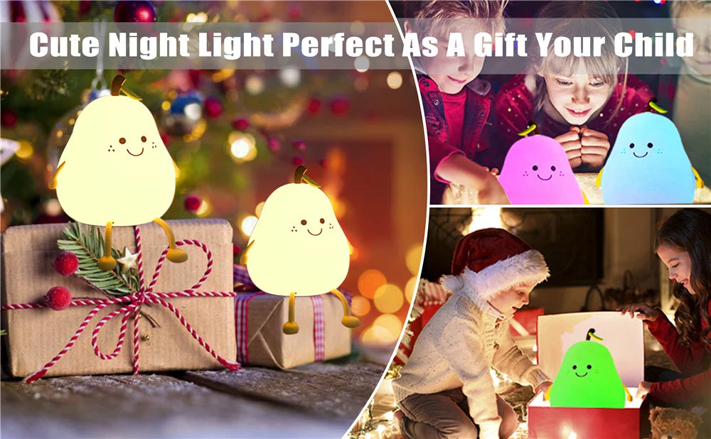 Pear Shaped Silicone Night Light for Kids Dimmable 7 Colors USB Rechargeable Cute Bedroom Lamp