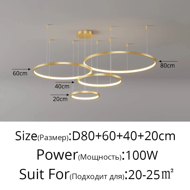 Black Rings Modern Minimalist Dimmable Pendant Light for Living Room and Restaurant Remote Control Chandelier Home Decor