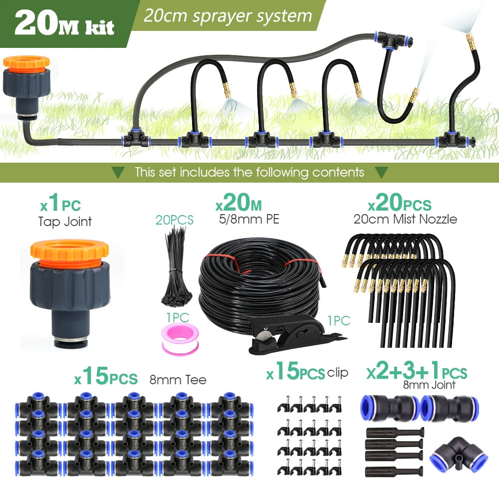 30M to 5M DIY Universal Sprayer Kit with 8mm Hose for Patio Misting Cooling System and Garden Plant Irrigation