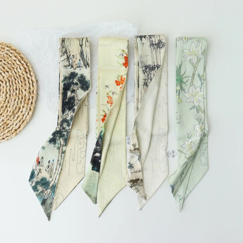 Retro Print Long Skinny Neckerchief Scarves for Women