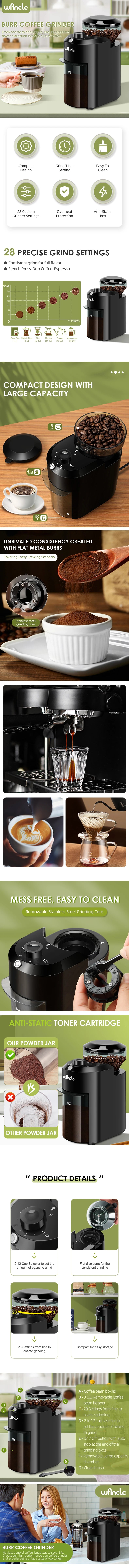 Wancle Electric Burr Coffee Grinder with 28 Grind Settings