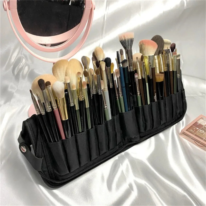 Women Foldable Makeup Brush Organizer Travel Cosmetic Pouch with High-Quality PU Material for Beauty Tools and Toiletries