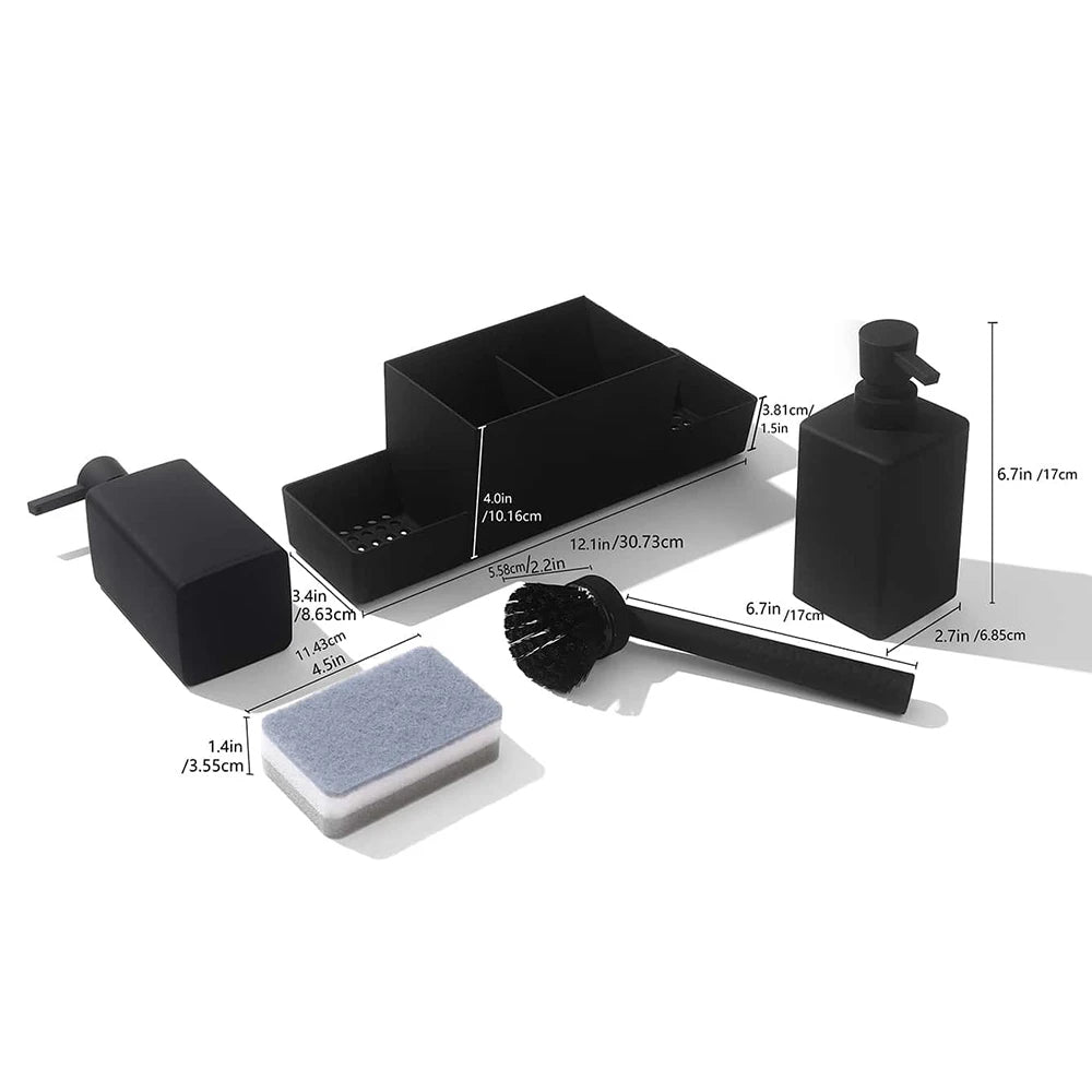 Matte Black Kitchen Soap Dispenser and Sponge Holder Set for Sink Caddy with Hand Soap and Dish Soap Storage
