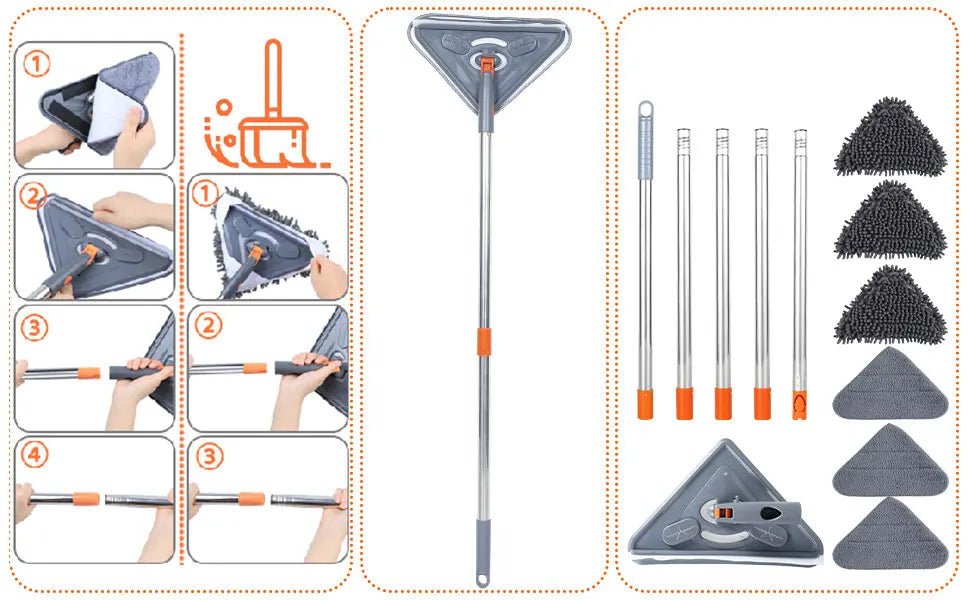 360 Degree Rotating Triangle Microfiber Wall Mop with Long Handle Adjustable Dry and Wet Cleaning Mop for Efficient Floor Dusting