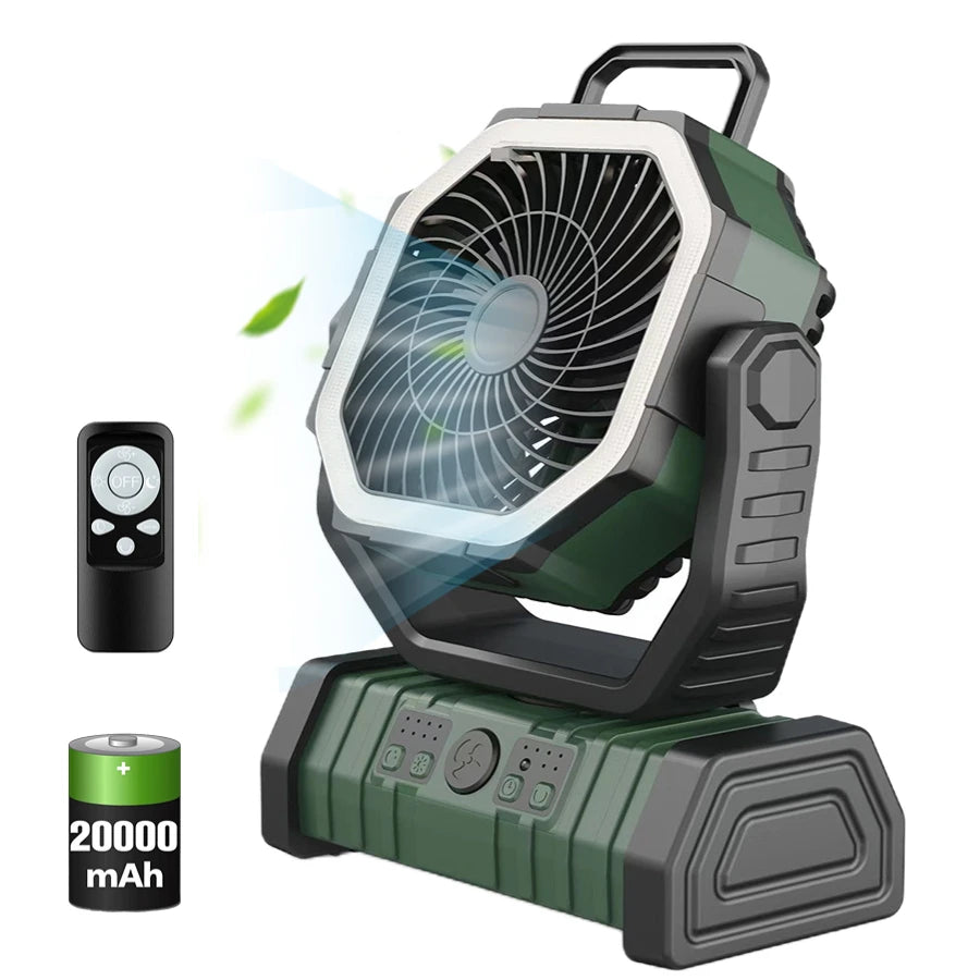 20,000mAh Camping Fan with LED Light β Wireless Rechargeable Outdoor Air Circulator with Hanging Hook