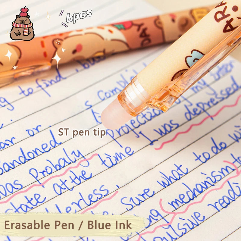 6Pcs Cute Capybara Erasable Pens Blue Ink Quick-Drying Stationery