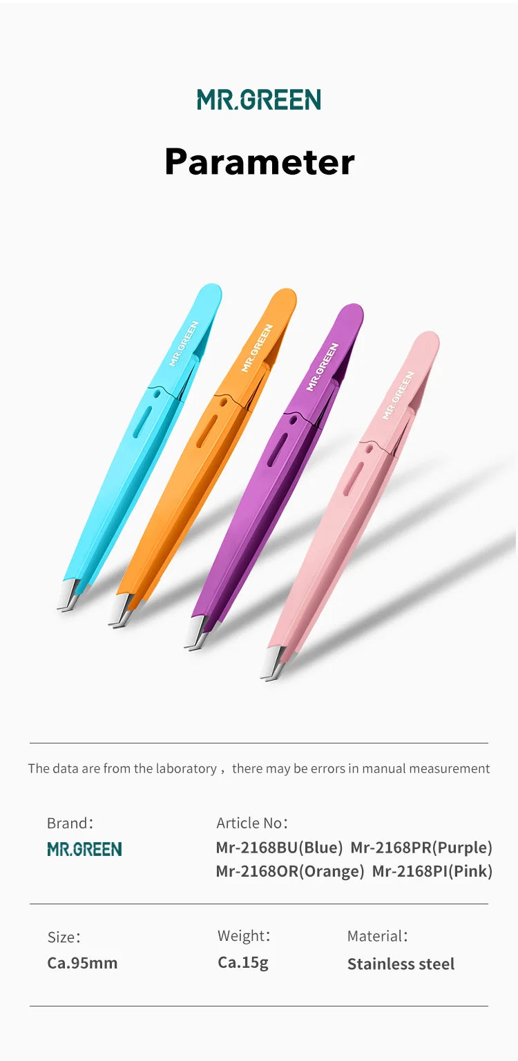 MR Green Stainless Steel Slanted Eyebrow Tweezers Colorful Beauty Tool for Precision Hair Removal